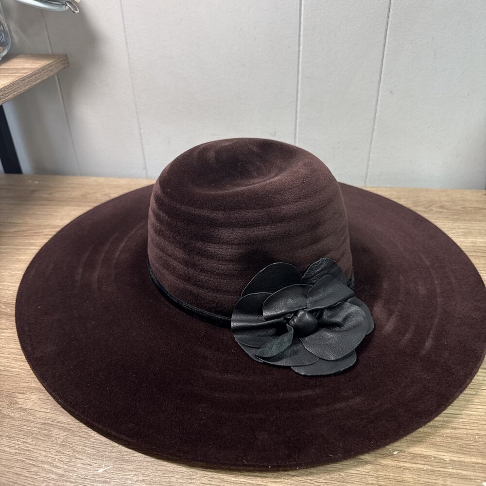 Helen Kaminski Brown Rabbit Fur Felt Wide Brim Hat Black Leather Flower VNTG